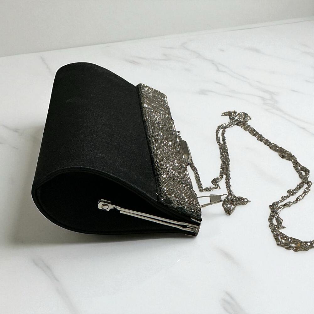 RSVP Y2K Black Satin Evening Bag w/ Silver Square Detail & Chain Strap - Picture 6 of 10